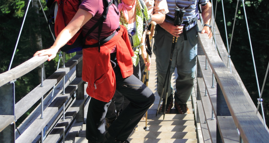 Auf der spektakulären hölzernen Hängebrücke Auf der spektakulären hölzernen Hängebrücke