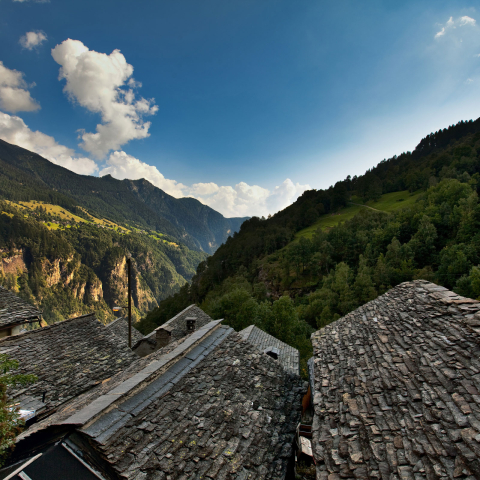 Traditionelle Häuser mit Steinplattendächern im Bergdorf Landarenca, eingebettet in die alpine Landschaft des Calancatals