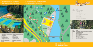 il flyer del parco avventura mostra i percorsi e l'area del centro sportivo.