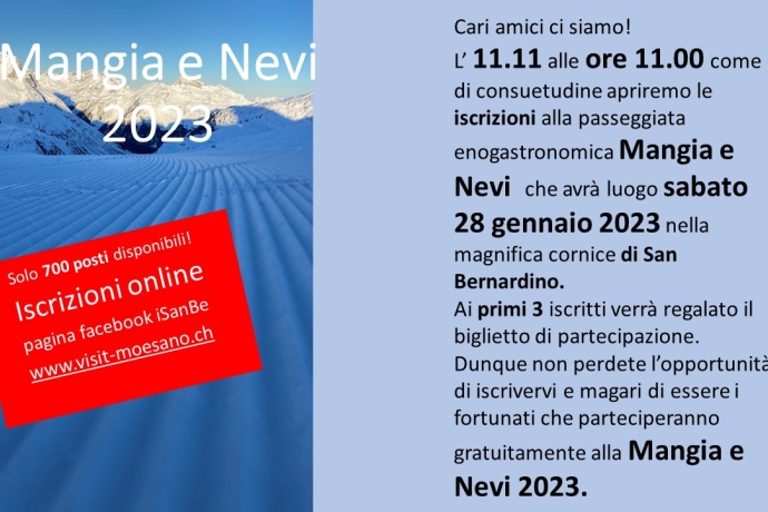 Locandina dell'edizione 2023 della passeggiata enogastronomica Mangia e Nevi Locandina dell'edizione 2023 della passeggiata enogastronomica Mangia e Nevi
