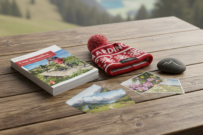 Berretto San Bernardino, brochure e cartoline su tavolo di legno davanti al paesaggio montano